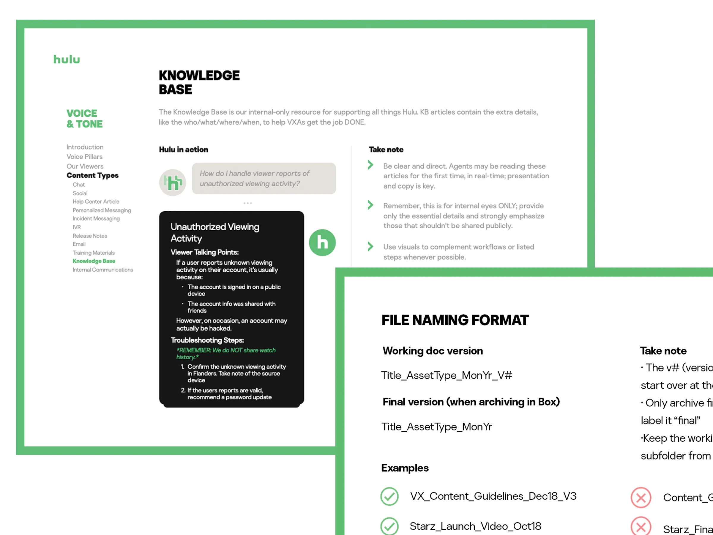Pages from the internal content guidelines showing formatting rules, tone, and component usage.