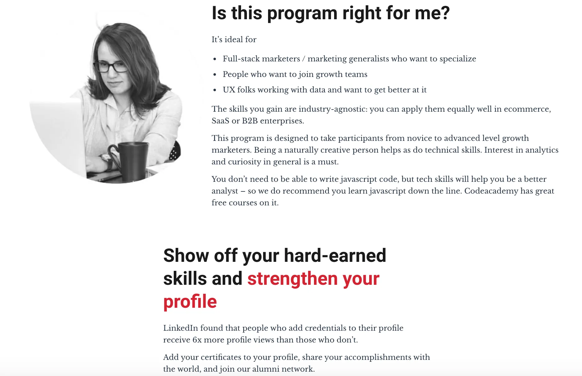 A course landing page with marketing copy, curriculum outline, and calls to action.
