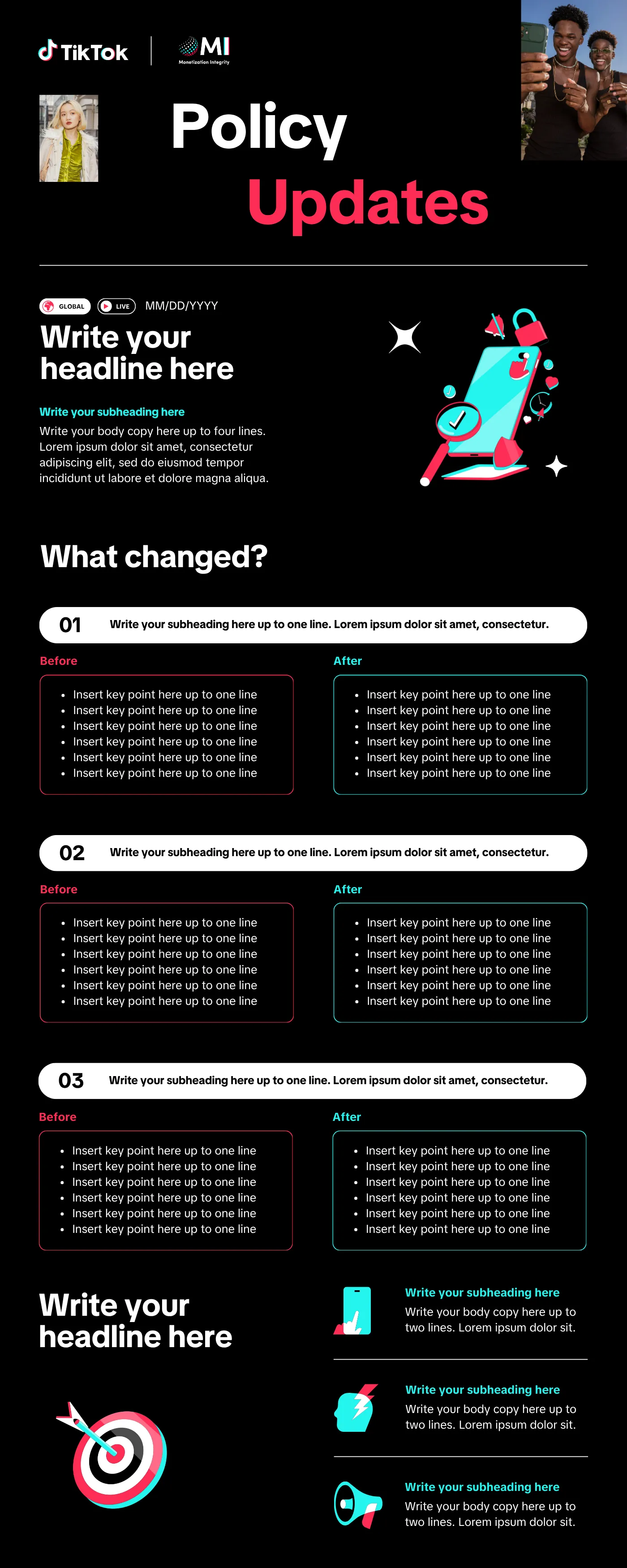 A policy update infographic — a headline module, a before-and-after breakdown of what changed, and supporting sections.