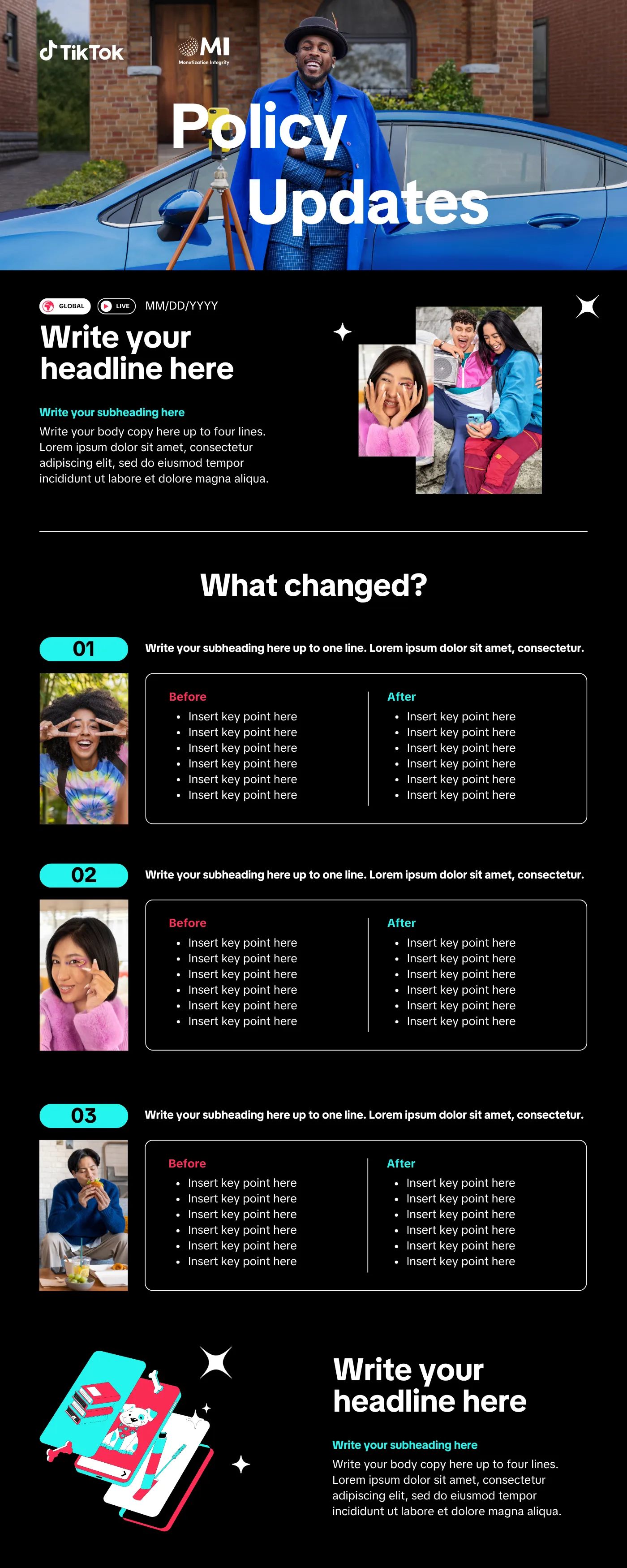 A second policy update infographic laying out the same before-and-after structure in an alternative arrangement.