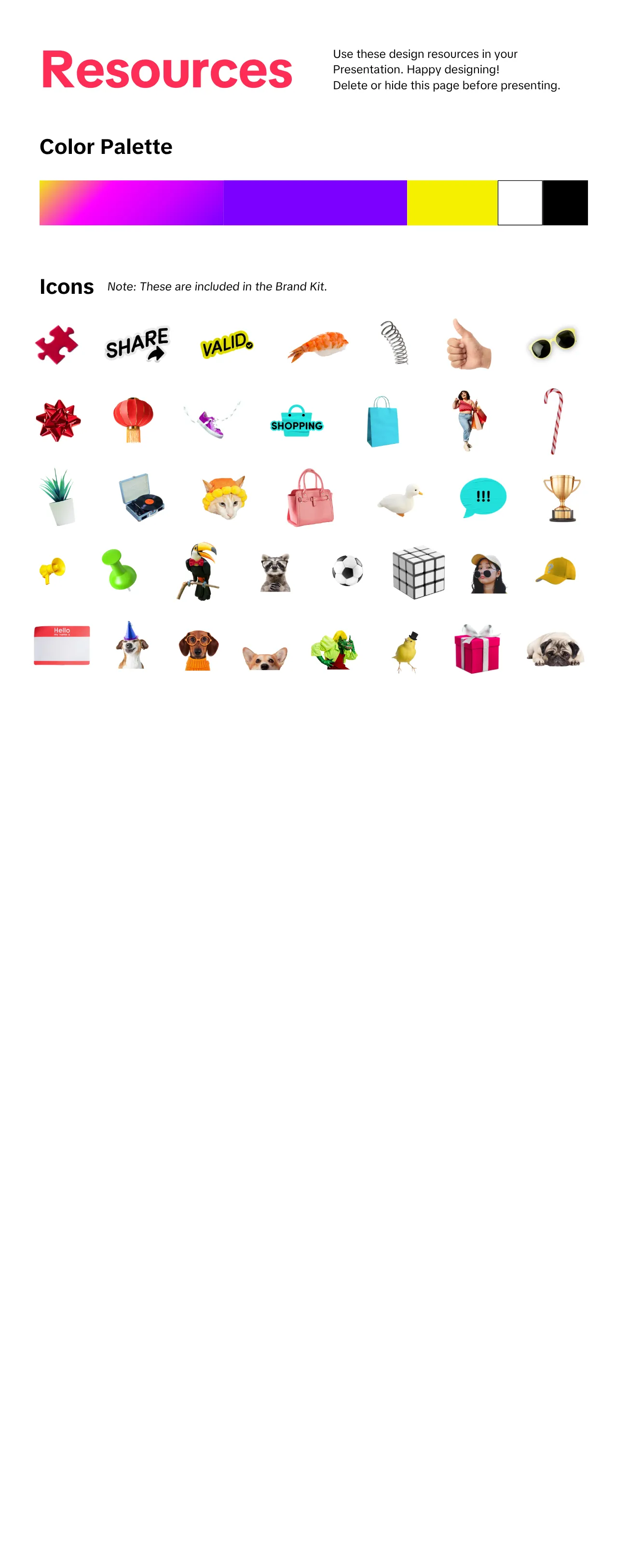 The design resources behind the UGC templates — color palette and icon set.